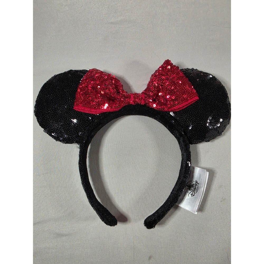 Disney Parks Minnie Mouse Ears Headband Black Red Sequin Bow Costume Accessory